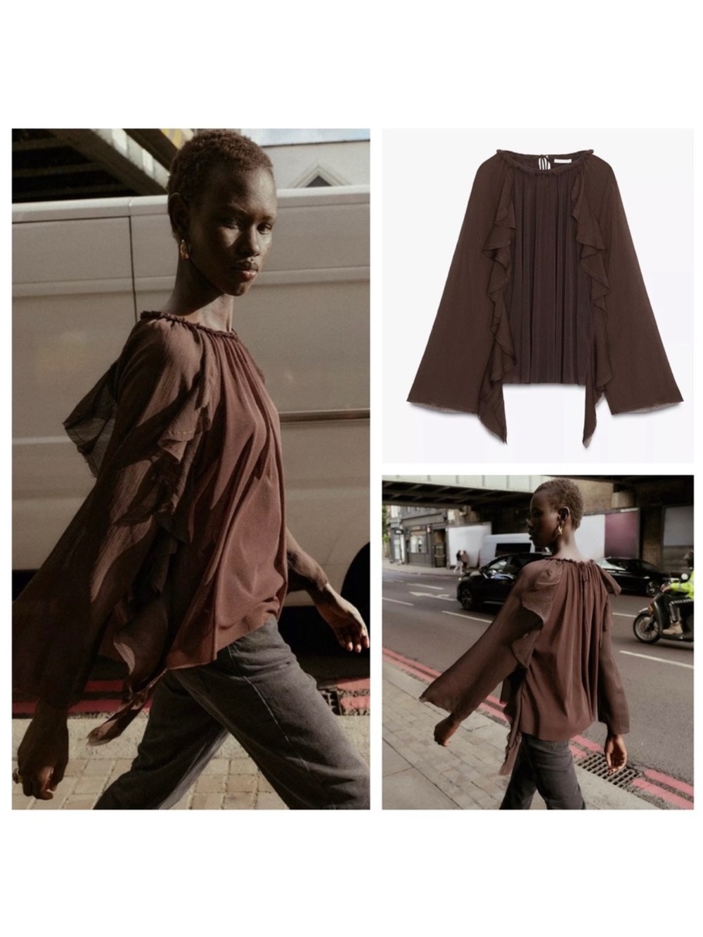 Zara Brown Ruffle Peasant Blouse